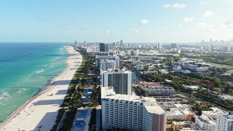 drone shot of miami beach, florida usa, waterfront hotels and condominiums, turquoise ocean water