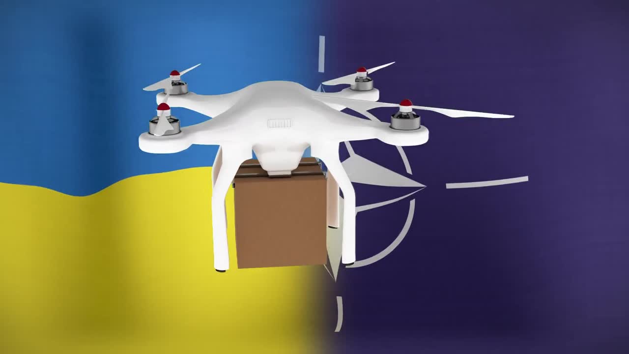 Animation of drone flying over flags of ukraine and nato