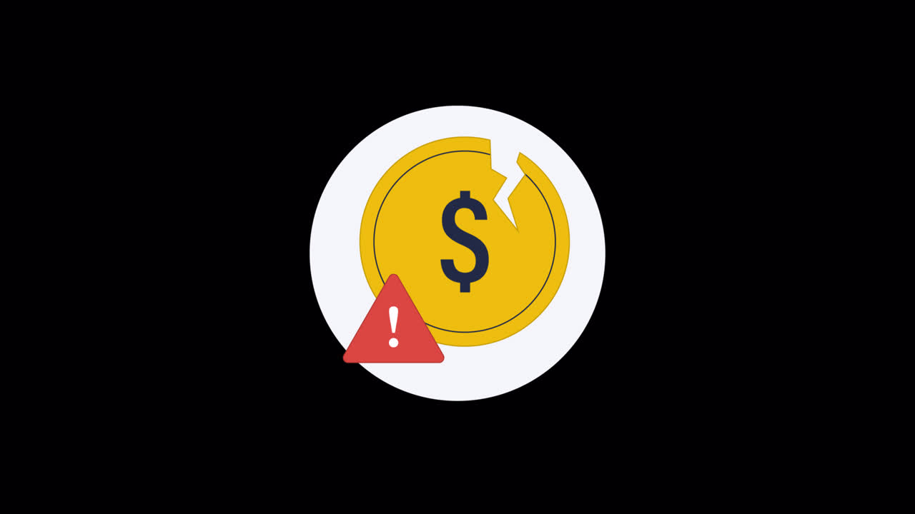 Icono animado de moneda de dólar rota con señal de advertencia