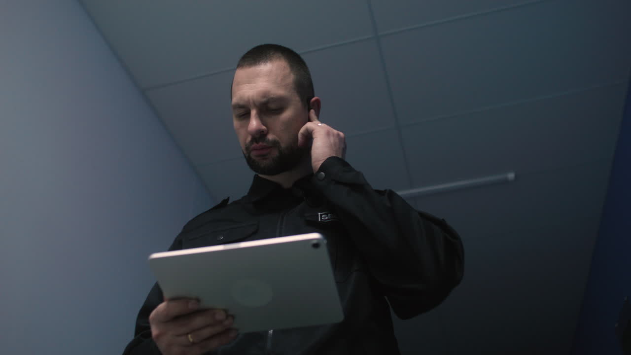 Caucasian man using tablet at night
