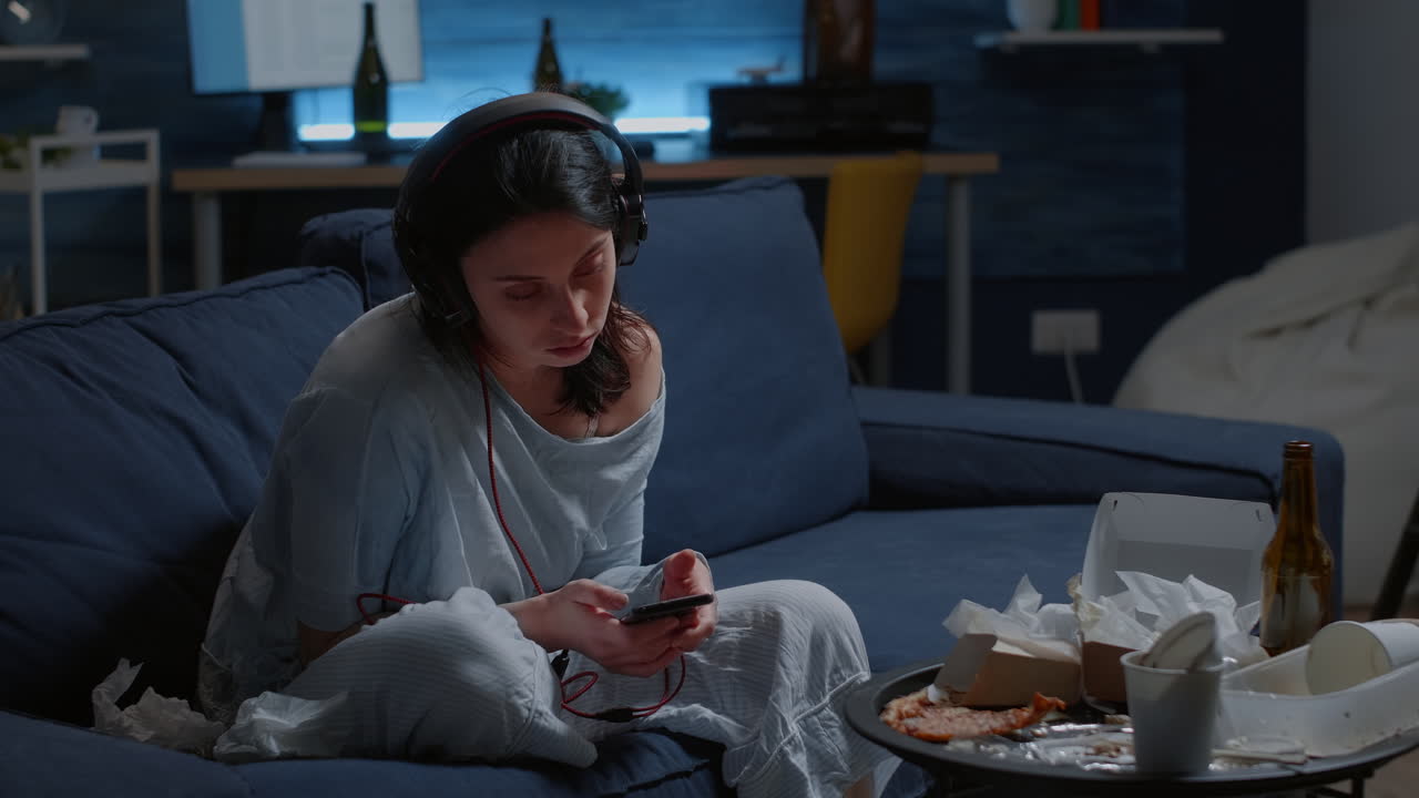 Traumatised, frustrated, stressed, depressed lady listening music at phone