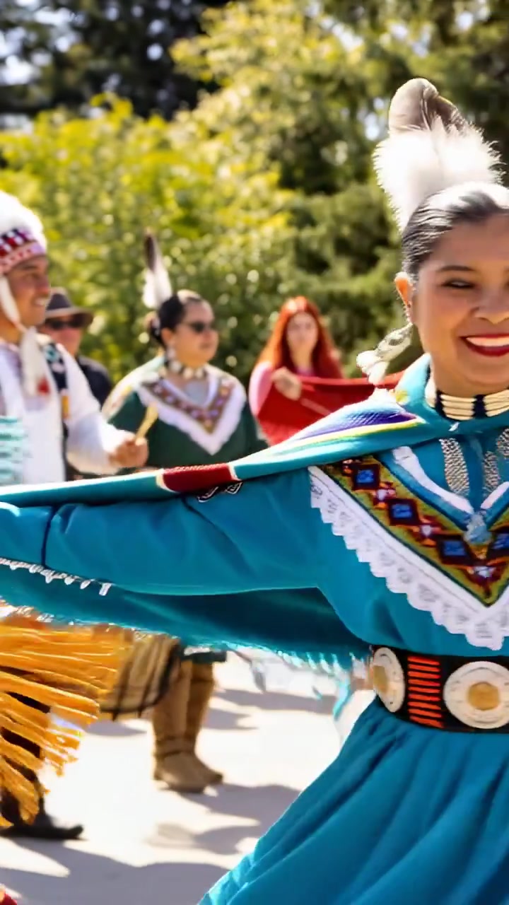 Vídeo vertical: Dançarina girando com xale azul-petróleo abanando os braços no parque, baterista tocando tambor para ritual