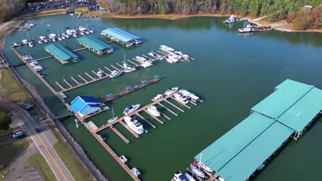 aerial orbit of boats in harbor at paris landing, located in tennessee