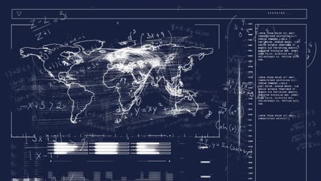 animación de mapas y barras de carga sobre ecuaciones matemáticas contra un fondo negro