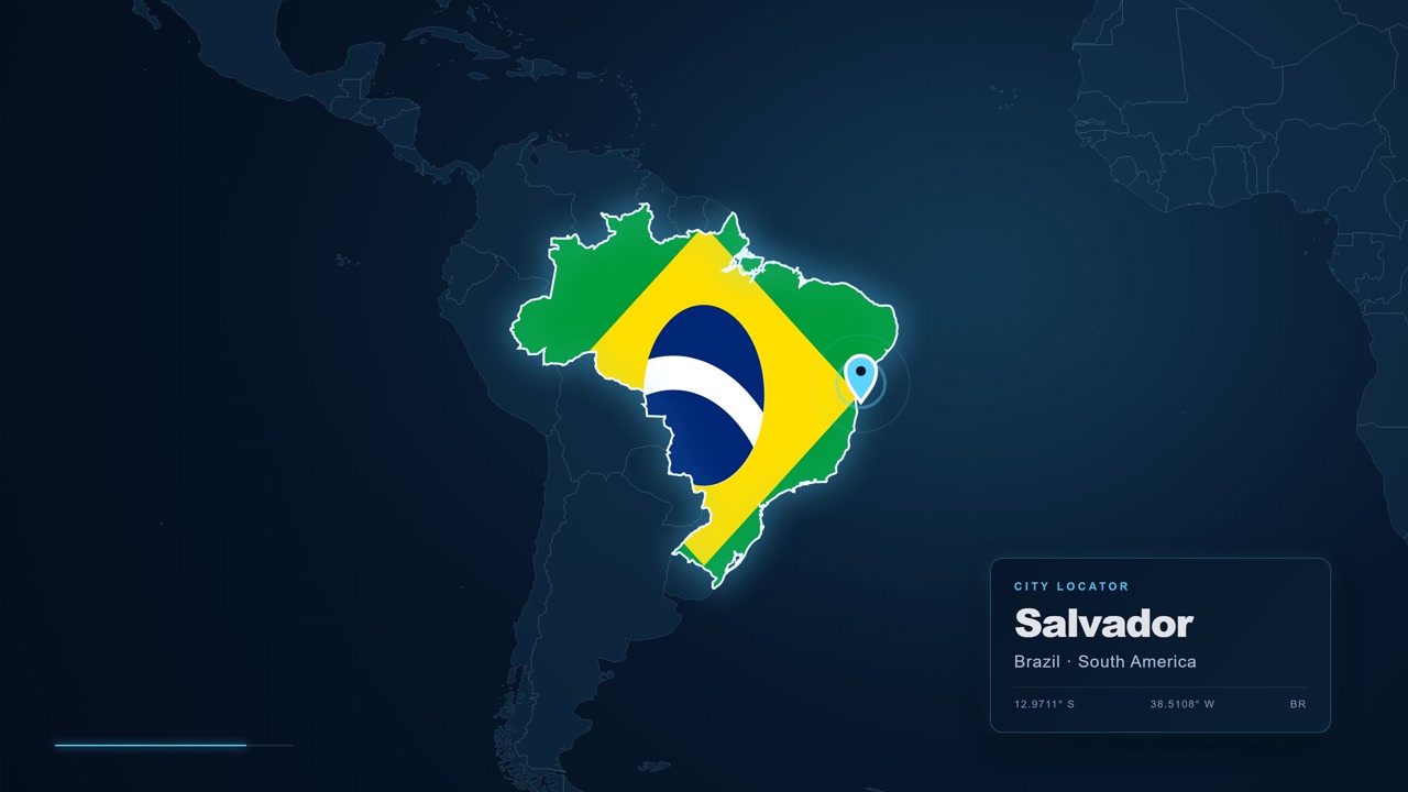 Digitalt kortmateriale, der zoomer ind for at fremhæve byen Salvador i Brasilien, Sydamerika, med en placeringsnål og geografisk markør vist.
