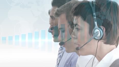 Animation-of-financial-data-processing-over-business-people-wearing-headsets