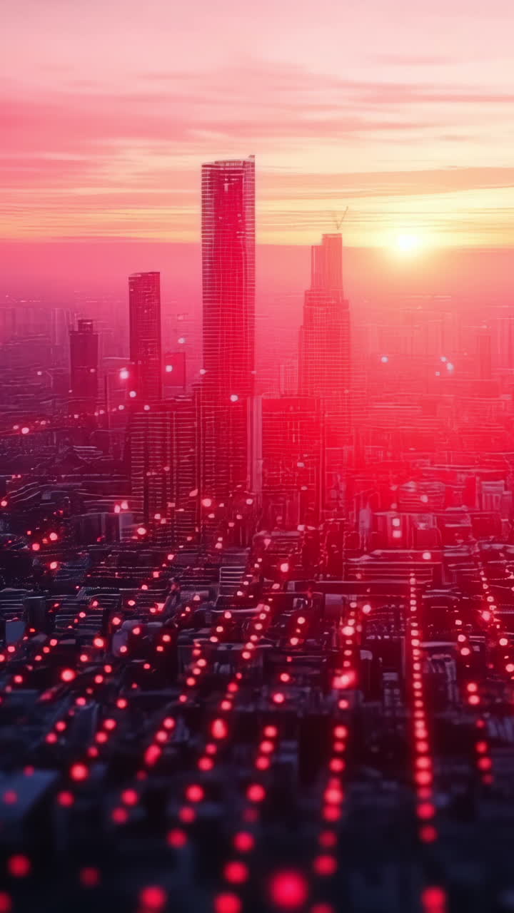 City skyline illuminated at sunset. Bright city skyline captures vibrant hues during sunset, showcasing tall buildings surrounded by a glowing atmosphere.