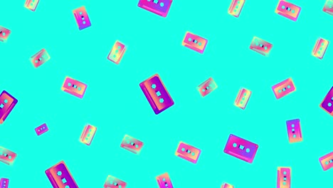le cassette ruotano, diminuiscono e aumentano, ciclo senza cuciture. cassette musicali per registratori musicali degli anni '70 - '90 composizione orizzontale, qualità video 4k