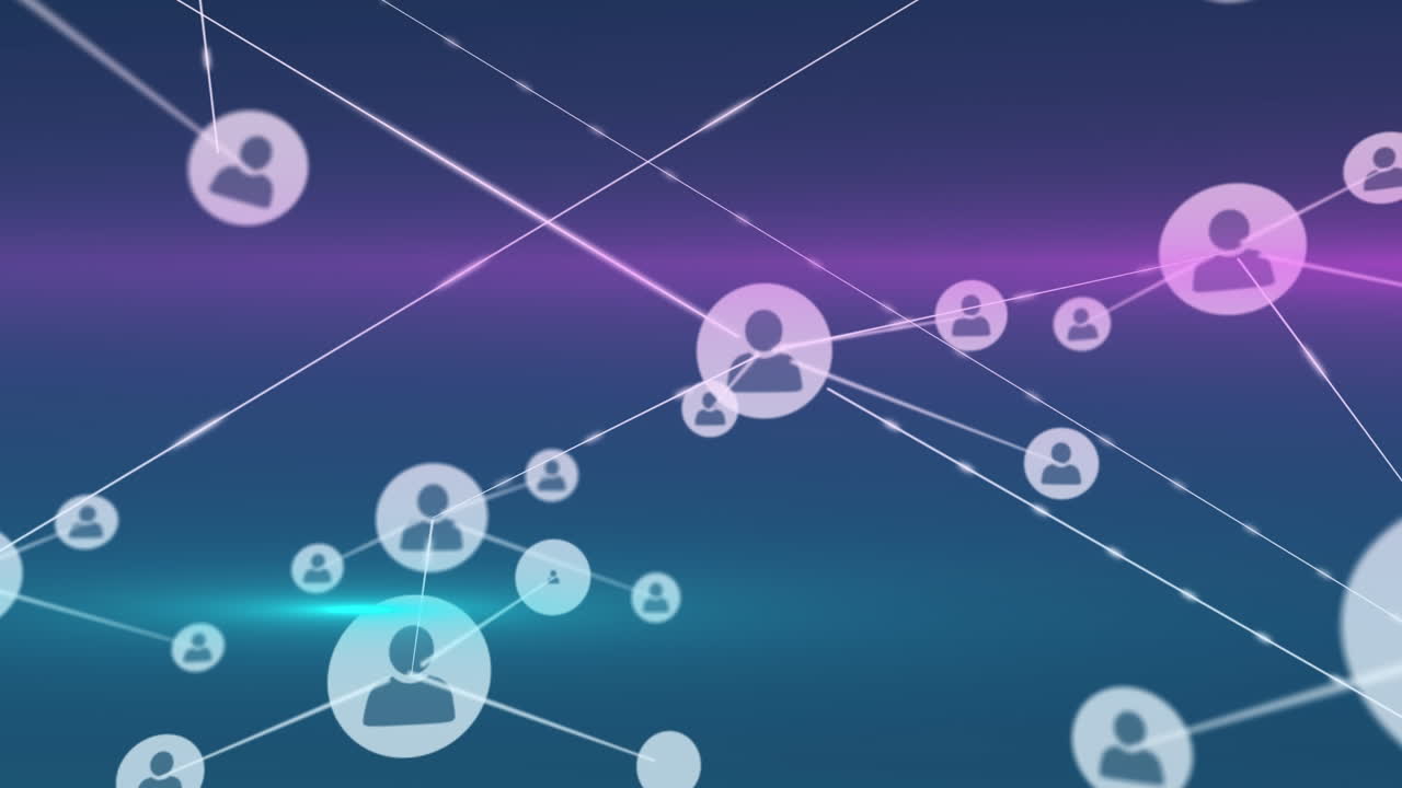 animación de una red de iconos de perfil sobre un rastro de luz púrpura y verde contra un fondo azul