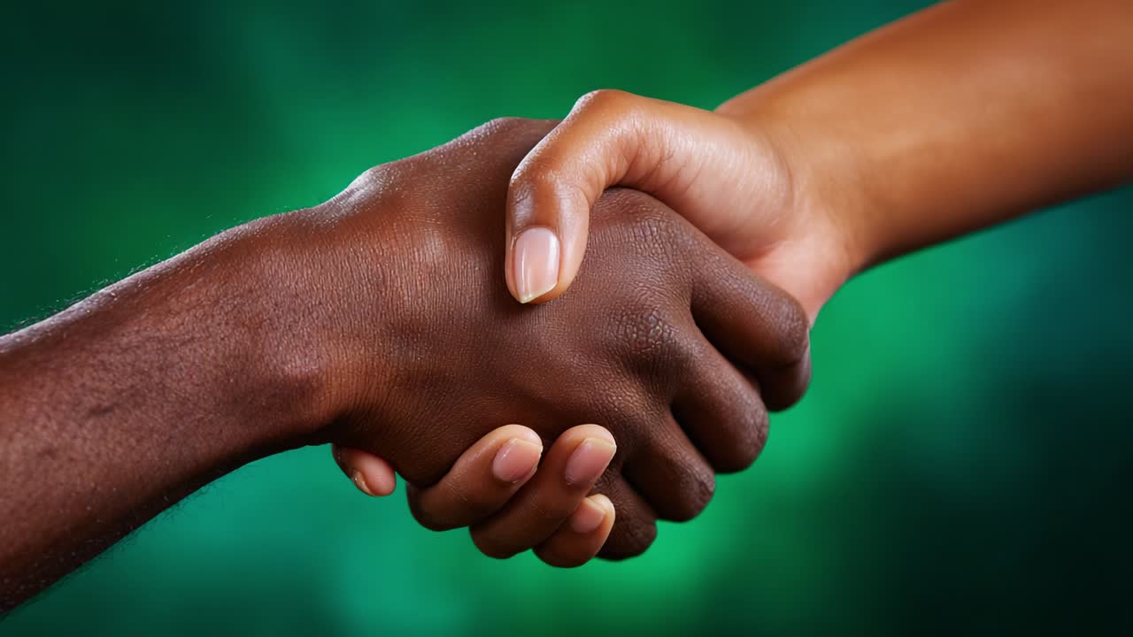 A Powerful Representation of Unity and Collaboration: Two Hands Engaged in a Firm Handshake Symbolizing Cooperation, Trust, Partnership, and Solidarity Against a Soft Green Background
