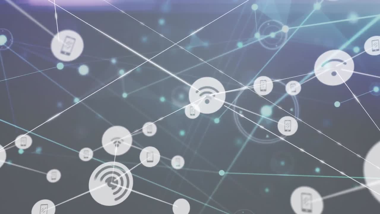 animación de una red de iconos digitales contra rastros de luz sobre fondo azul