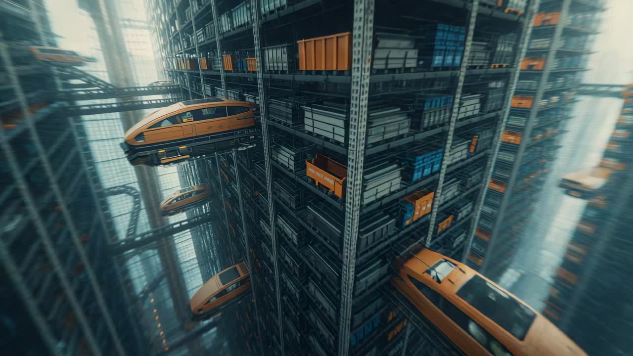 Panning warehouse, orange transport pod gliding past racks aligning with shelf, loading crates