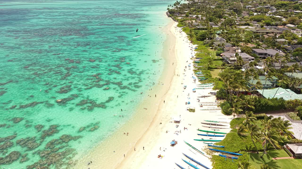 Aerial View of Lanikai Beach on Oahu Island, Hawaii USA. Sandy Shore and Beachfront Properties