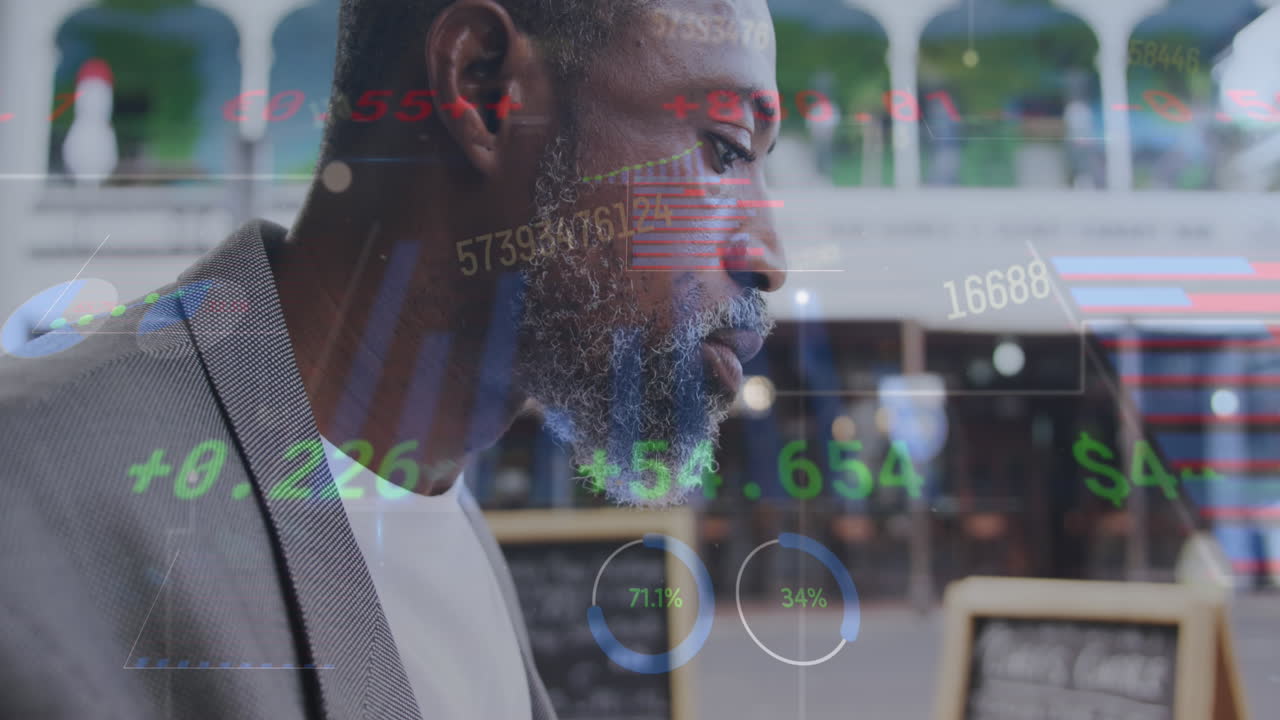 Animation of financial data processing over businessman in city