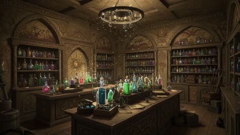 a mystical alchemy laboratory filled with colorful potions and ancient texts, capturing the imagination of intrepid adventurers and curious minds in a magical world