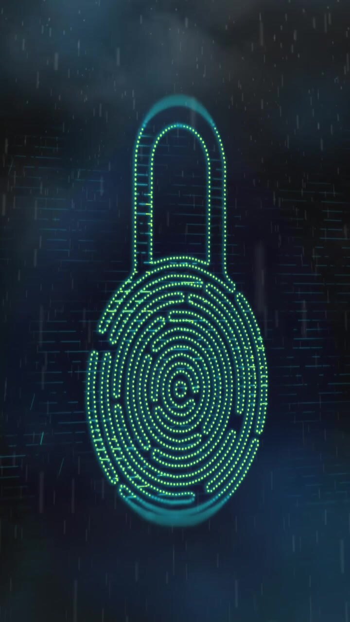 Animation of rain falling over light spot and security padlock icon against dark clouds