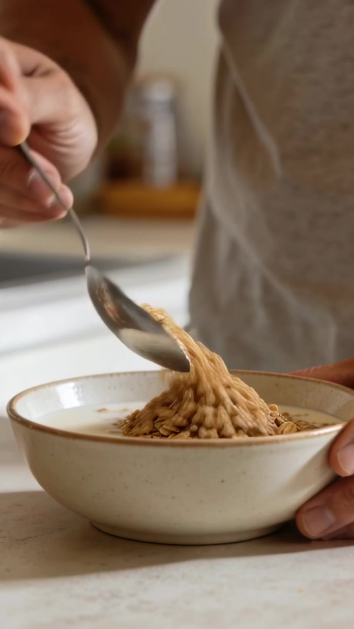 Video verticale: Cucchiaio che si avvicina a una persona in camicia che aggiunge avena in una ciotola sul bancone per colazione