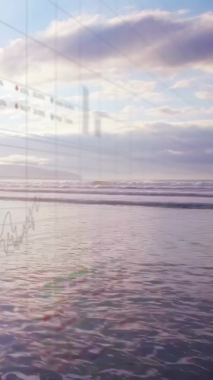 Vertical video: Shoreline showing tide advancing and camera panning, displaying tech chart overlay
