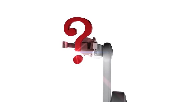 Digitally generated video of white robotic arm holding red question mark 3d near server