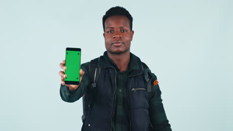 Man,-adventure-and-phone-with-green-screen