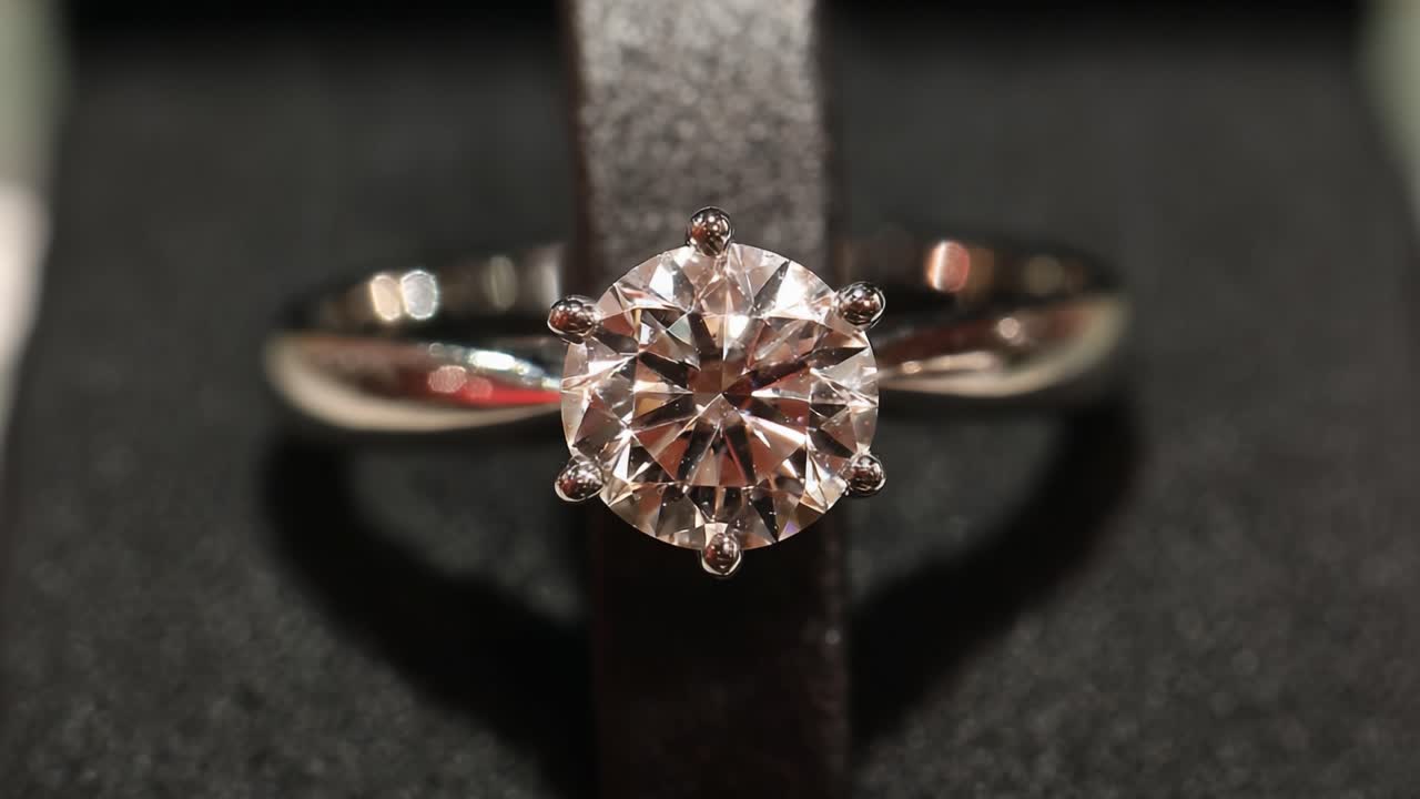 Un primo piano affascinante di un anello di fidanzamento con diamante radioso, che mette in mostra l'incredibile brillantezza e il dettaglio della gemma incastonata in una fascia lucida.