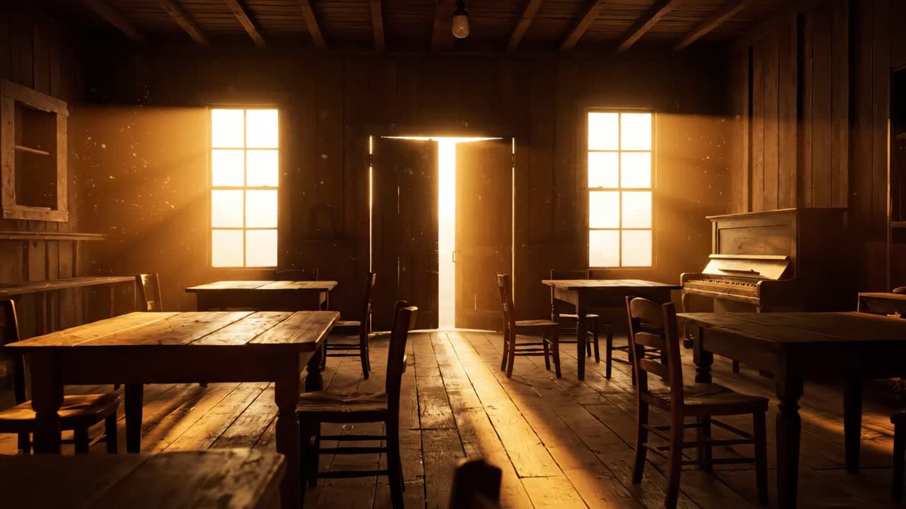 Interior of an old schoolhouse with tables, chairs, and a piano