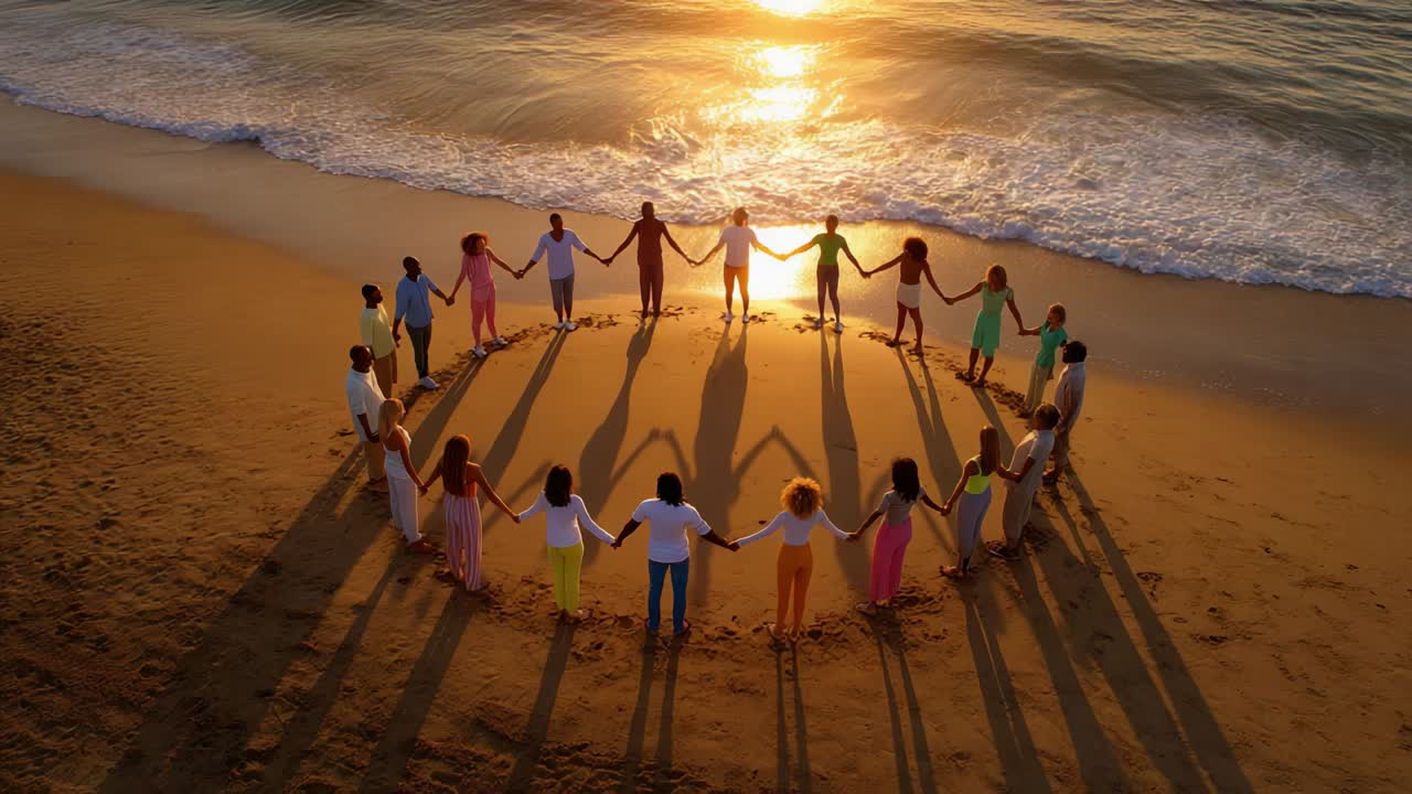 Diverse group of people holding hands in a circle on the beach at sunset