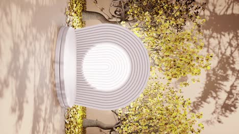 autumnal serenity: sculptural trees amidst circular white benches yellow background podium mockup product