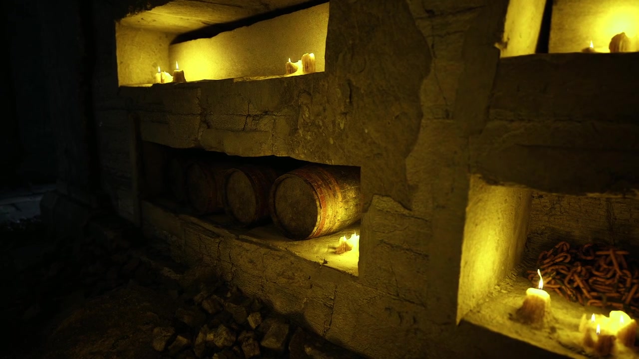 Câmara silenciosa com barris envelhecidos e ambiente de luz de velas cintilante.