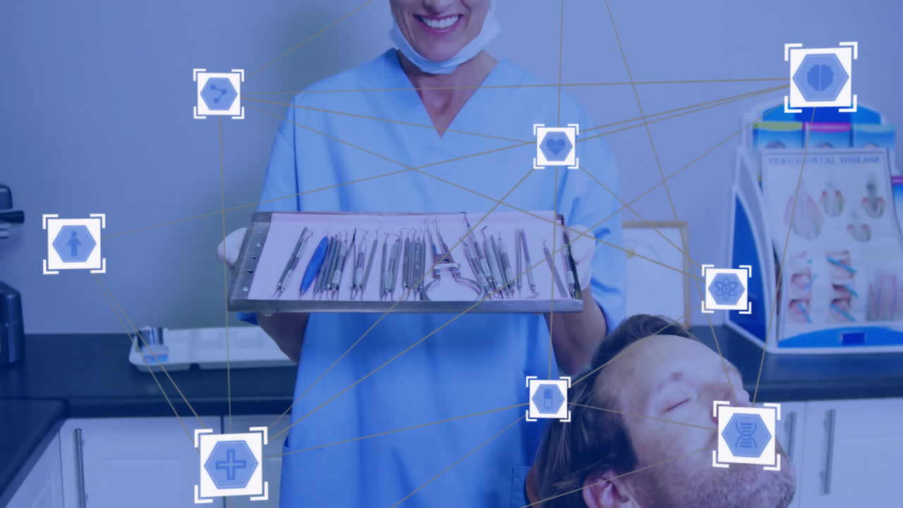 Medical tools and icons animation over dentist holding tray and patient in chair