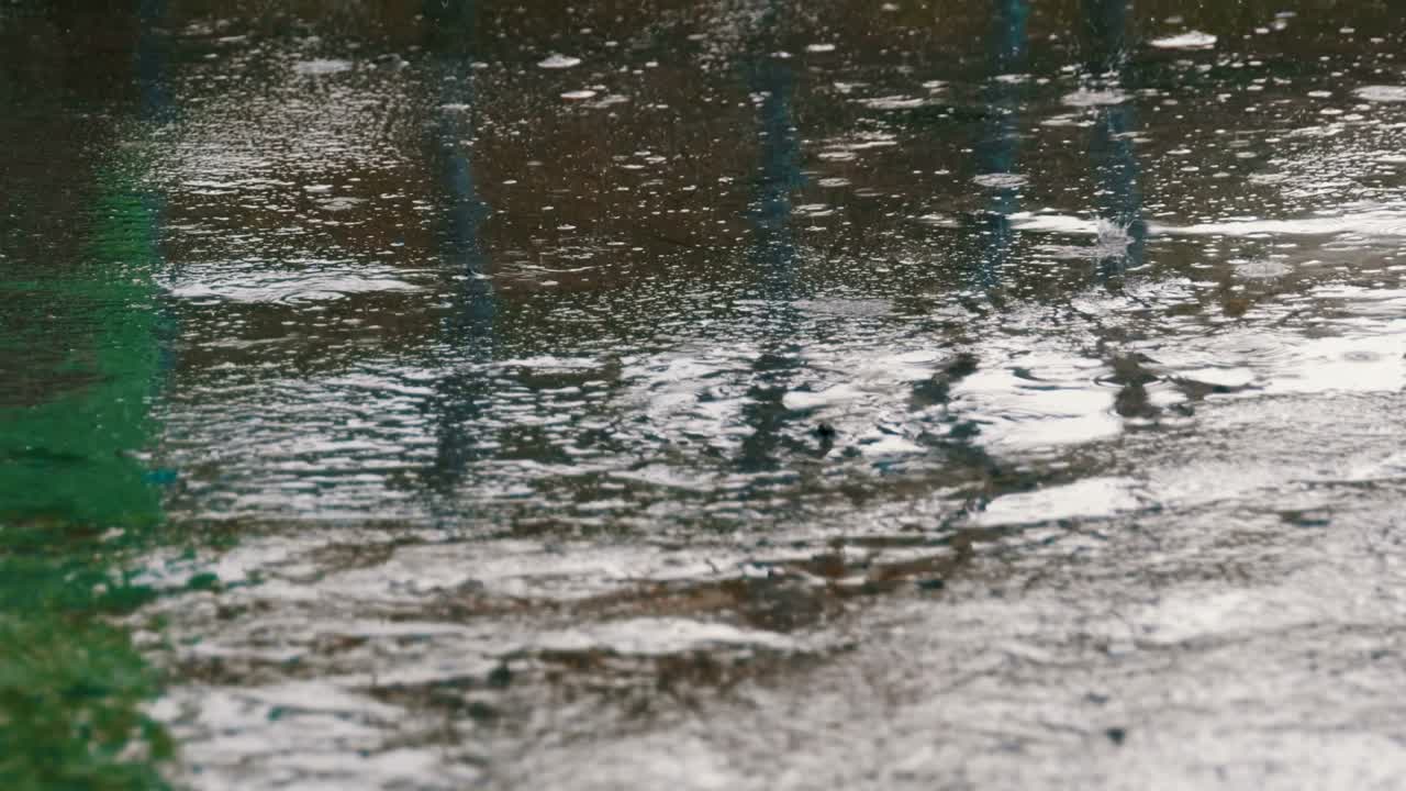 Drops of Rain Fall to the Pavement Forming a Puddle