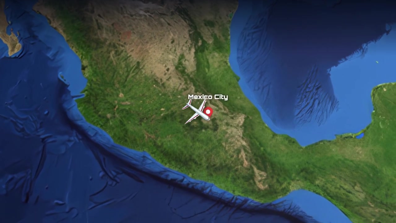 Satellite map animation tracks a commercial airplane flying from Singapore across the ocean to Mexico