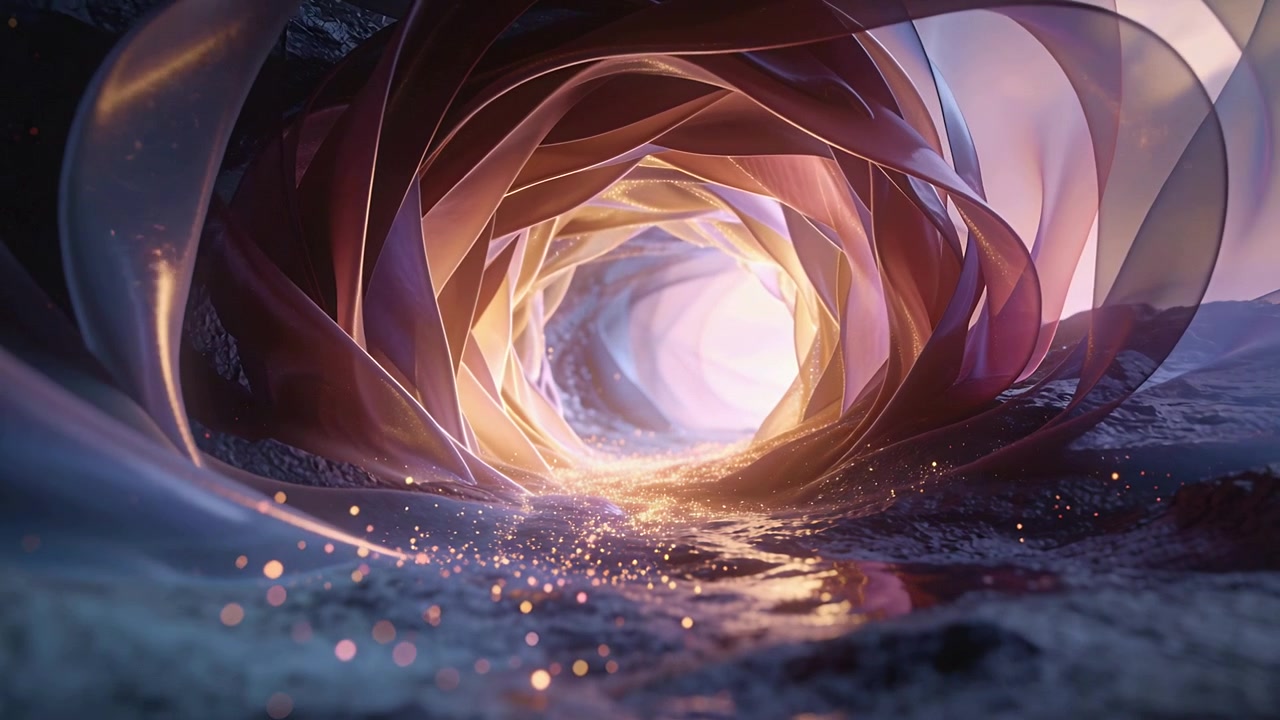 Rising central light lighting hexagonal ribbon tunnel and drawing embers on rough ground in cavern