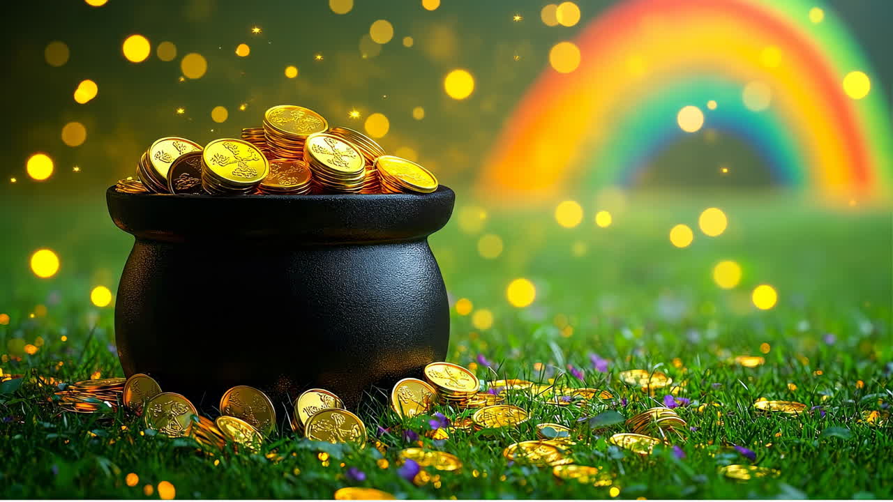 Coins shine in a pot on grass. A pot of shiny gold coins sits on green grass, surrounded by colorful sparkles and a rainbow