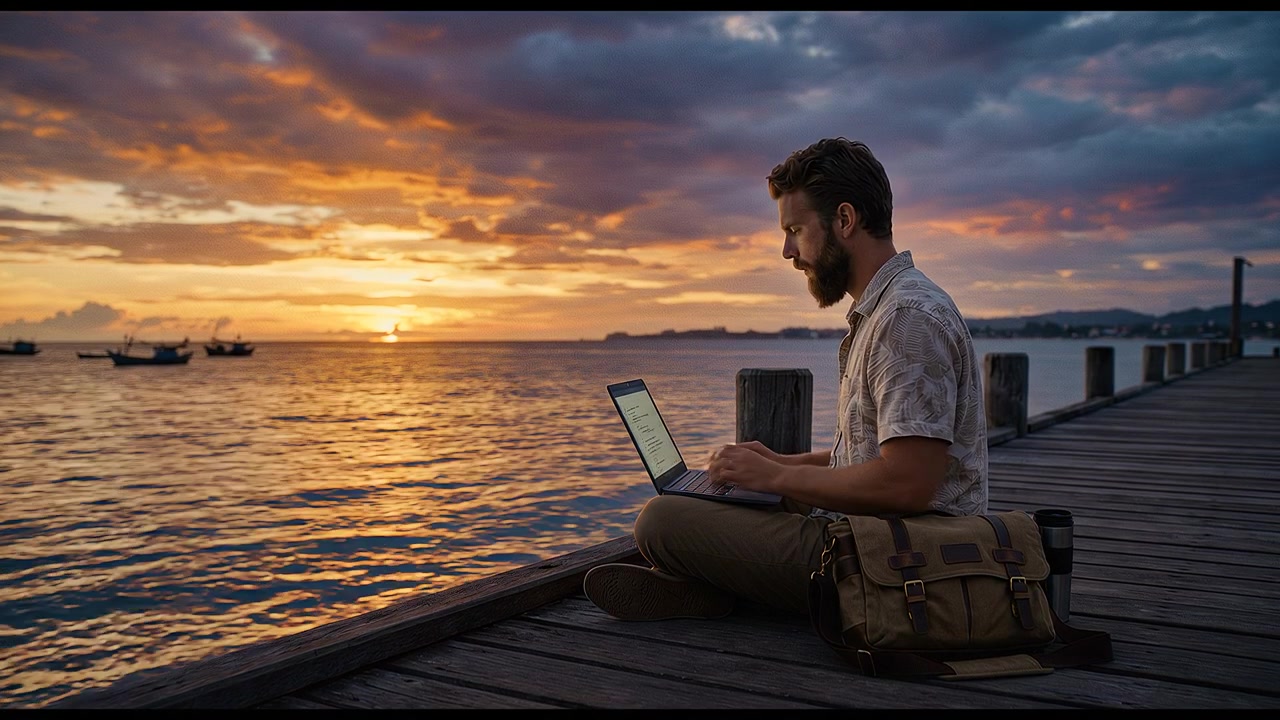 Man relaxing on sofa while working remotely on laptop inside stylish cozy living room