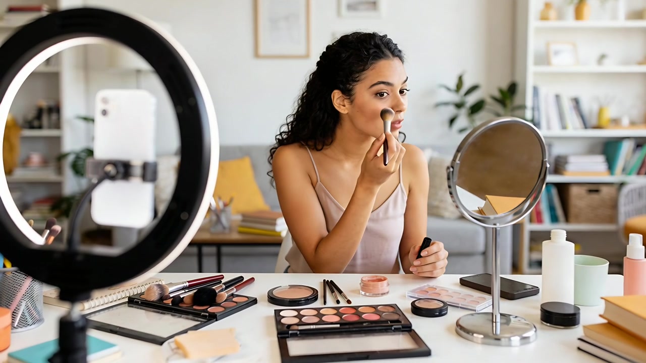 Ring light on, woman in beige cami applying makeup with brushes at home, phone filming tutorial