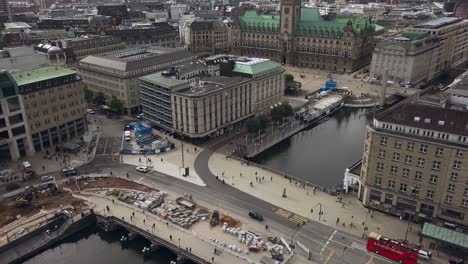 flying through hamburg city in germany, paning right