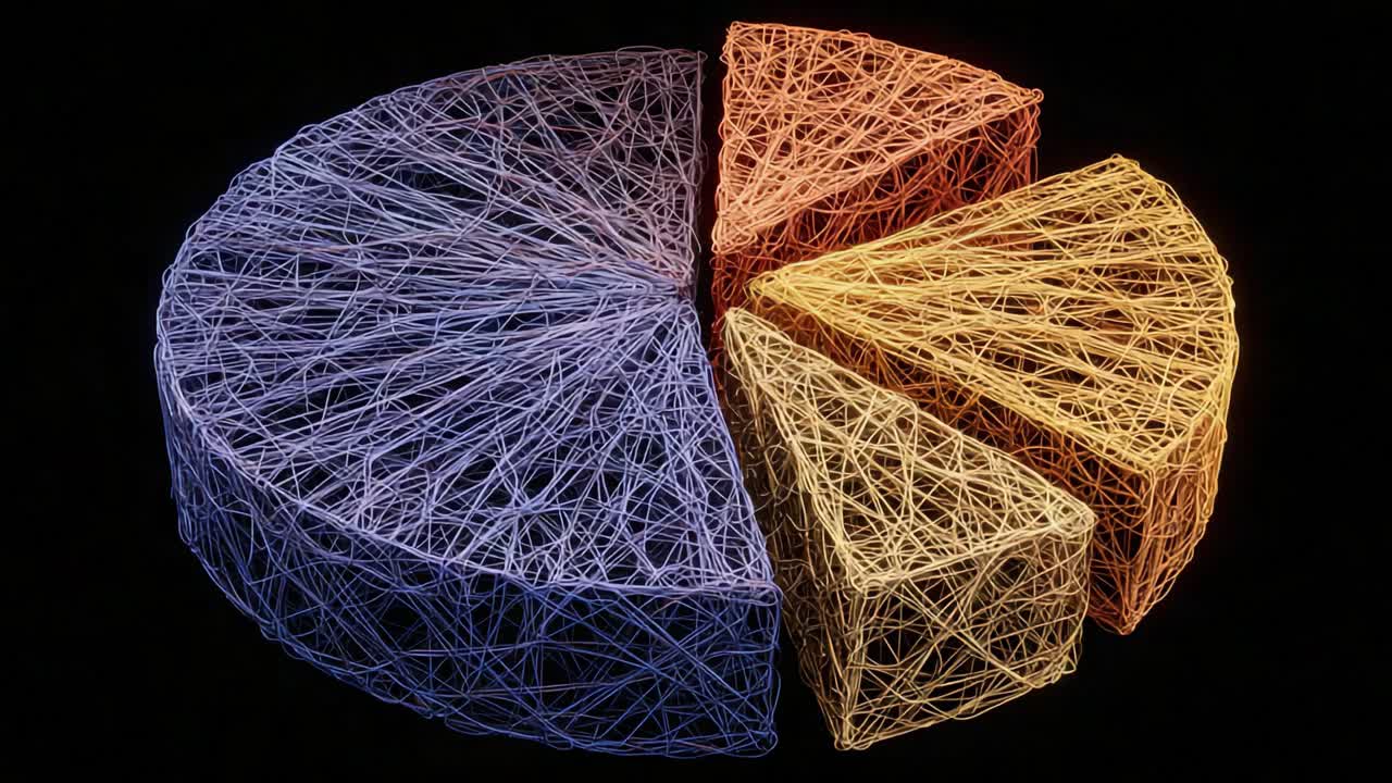 A Complex Representation of Data Distribution and Comparison Through Abstract Wireframe Pie Chart Illustrations in Two Distinct Frames