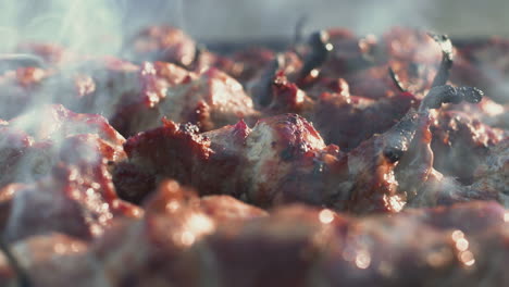 Closeup-smoking-meat-on-barbecue-grill-outdoor.-Smoked-bbq-grilling-over-grill