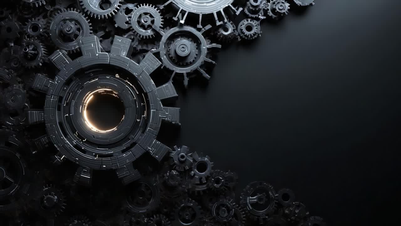 Intricate Mechanical Gears in a Dark Setting: A Close-Up Exploration of Engineering Mechanics and Design Aesthetics Highlighted by Light and Shadow Play