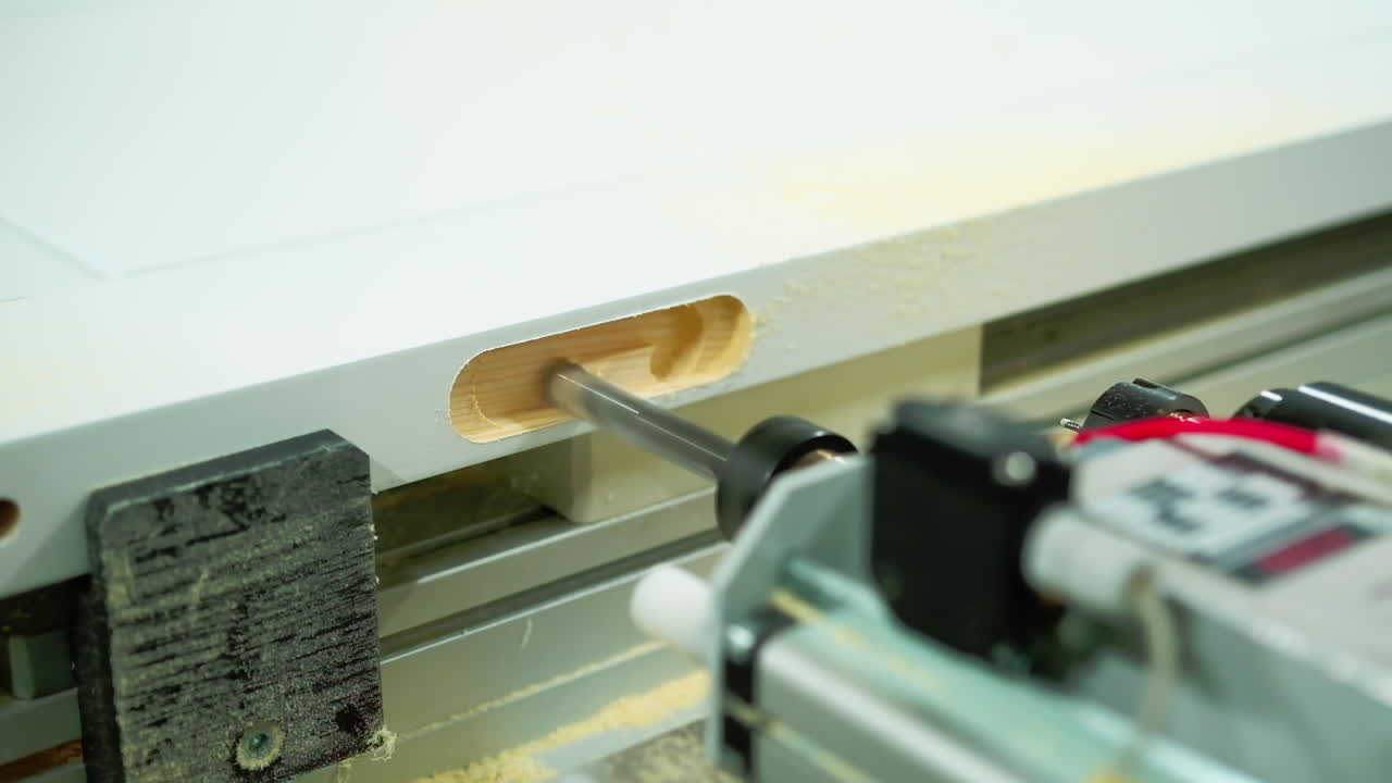 Machine tool for making doors. Process of manufacturing wooden doors on production equipment. Door industry. Close-up.