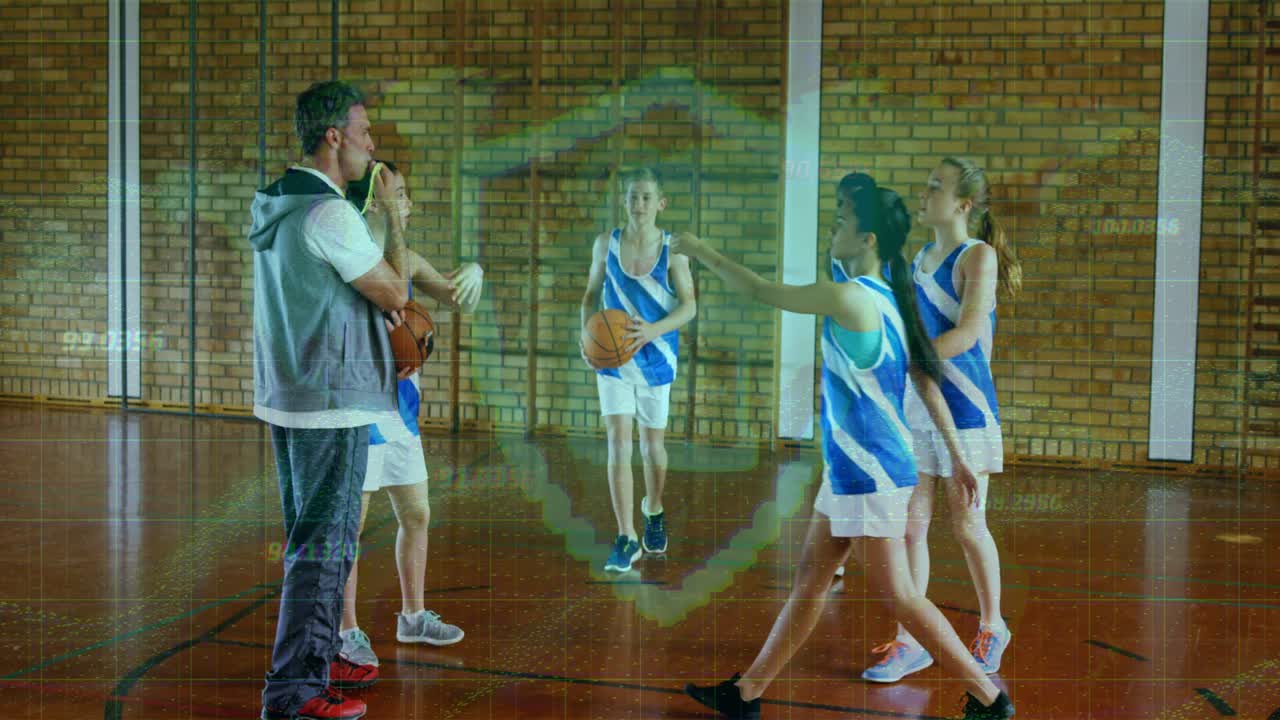 Coach blowing whistle leading school sports drill in court, team passing and center dribbling ball