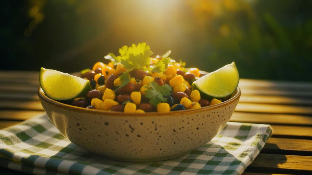 Tazón de ensalada fresca de maíz y frijoles negros con lima