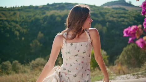 happy lady posing mountain view on sunny day closeup. smiling woman portrait