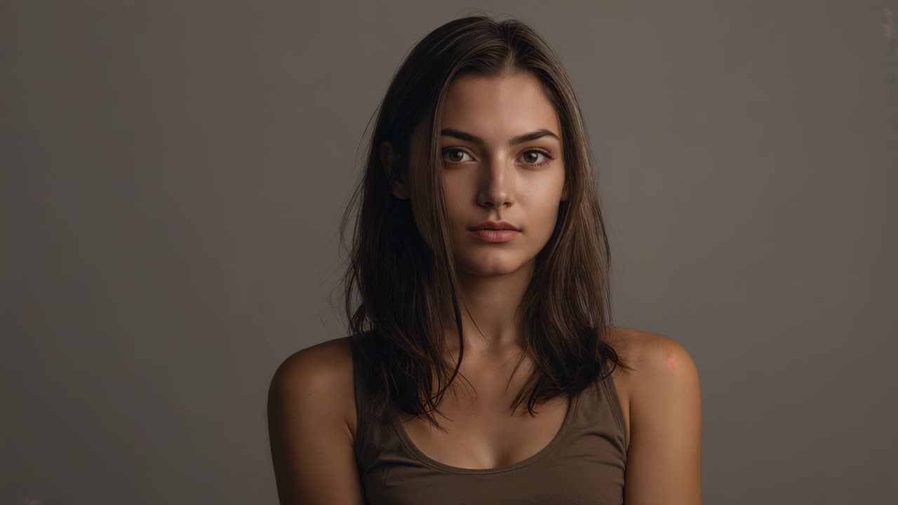 Donna che posa con una canotta marrone, inclinata mentre la camera si avvicina per un primo piano in studio, sfondo grigio chiaro tenue