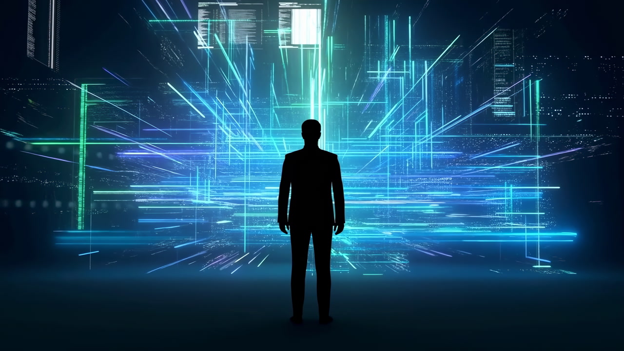 Silhouette Executive Facing Digital Data Grid, Immersive Neonblue Visualization Of Analytics, Holographic
