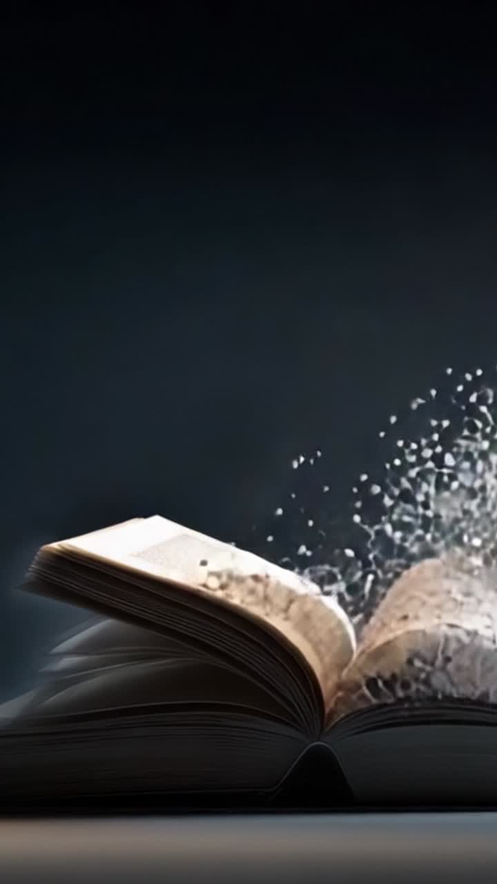 Una trasformazione magica: pagine di un libro che eruttano energia e luce, creando una scena ispiratrice di conoscenza e immaginazione in movimento.