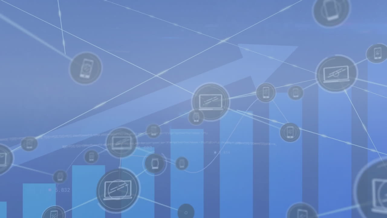 Animation af netværk af forbindelser med ikoner og finansiel databehandling