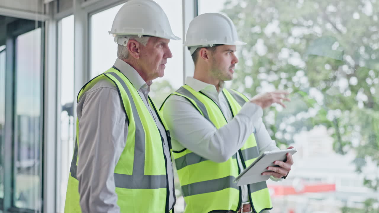 arquitectura, tableta y trabajo en equipo con el hombre