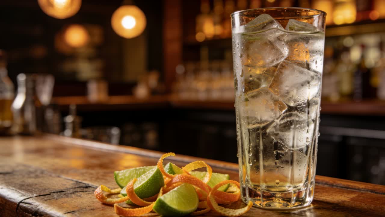 Bicchiere highball, spicchi di lime, scorze d'arancia sul bancone del bar, sequenza che mostra effervescenza, scioglimento e condensazione.